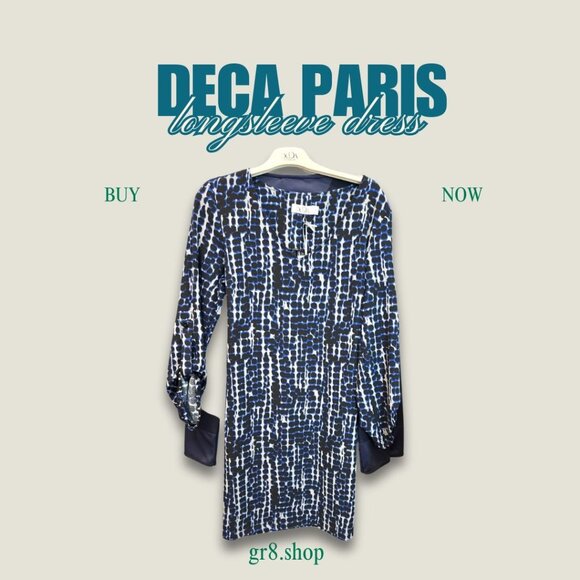 Deca Paris Longsleeve Printed Dress - Abstract Blue & Black Pattern Size S Made - Picture 1 of 5